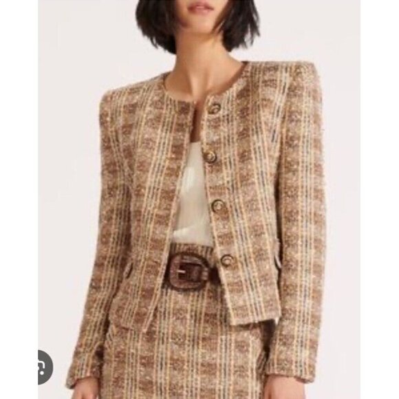 Veronica Beard Woman's Sz 4 Louisa Dickey Tweed Jacket Tan & Blue - Picture 1 of 14